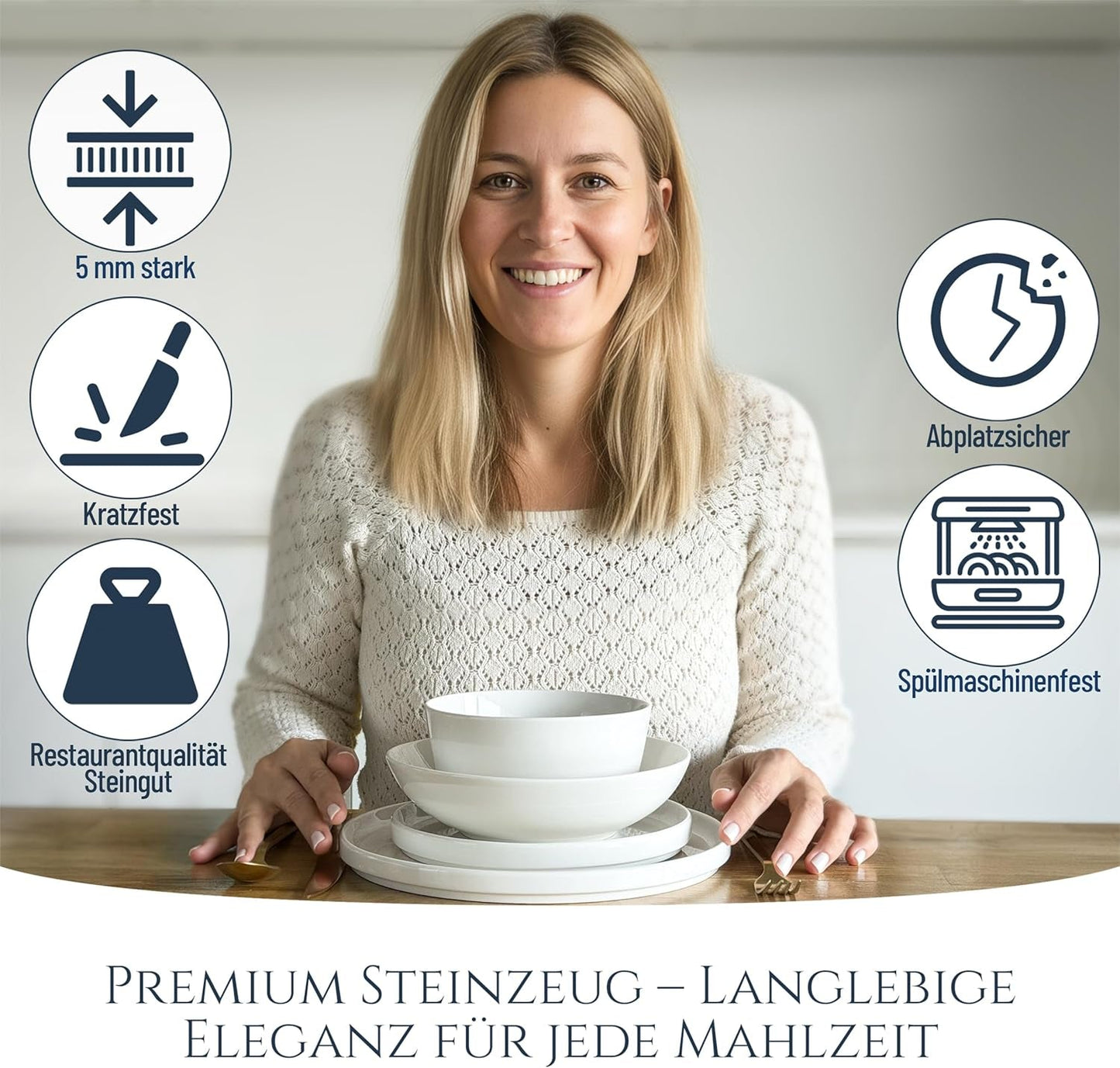 Křišťálová 48dílná porcelánová sada nádobí VÍTĚZ TESTU Čirá sada porcelánového nádobí Mísy a talíře Večerní servis pro 12 sad nádobí Pure Living v bílé barvě