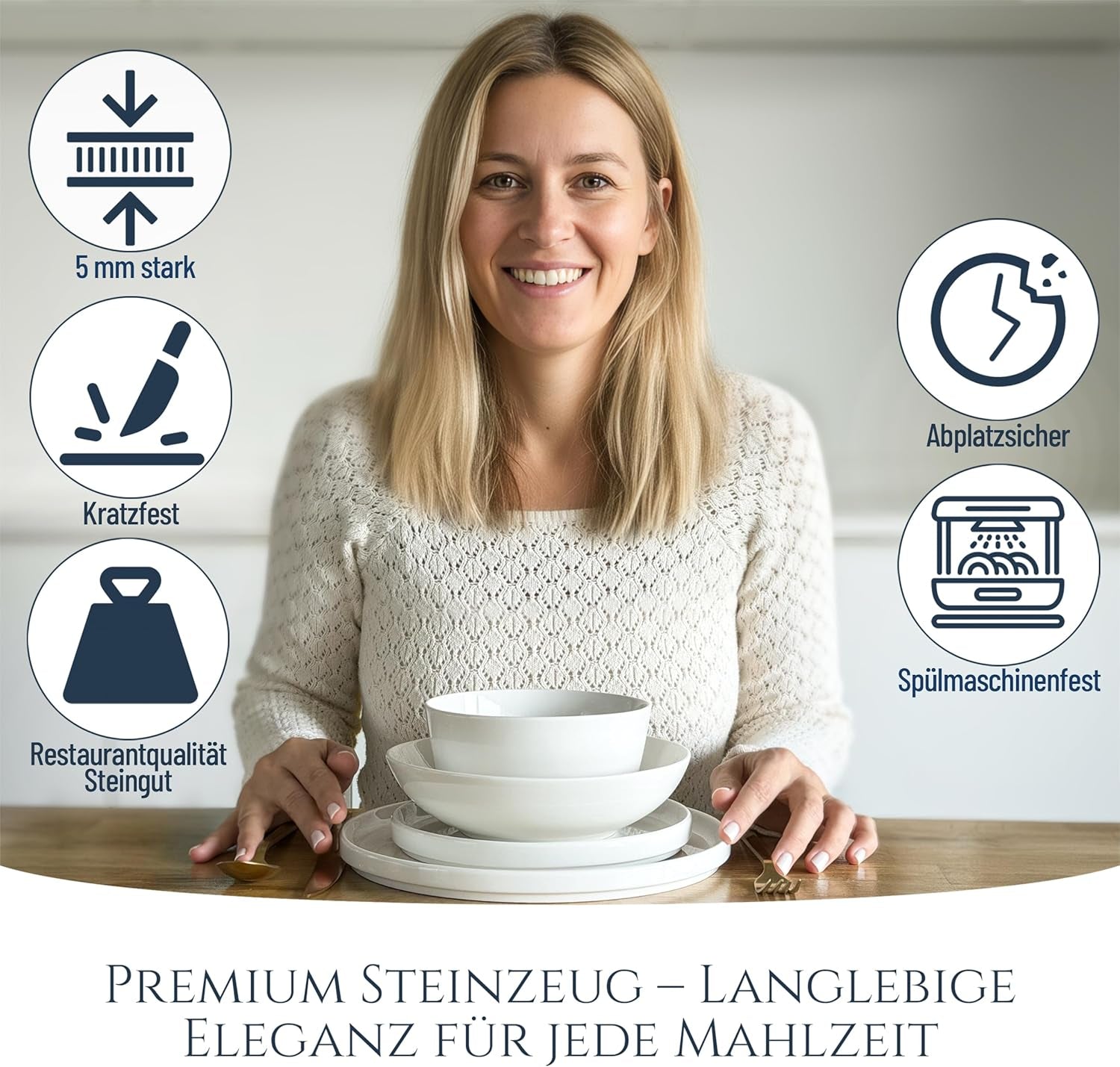 Křišťálová 48dílná porcelánová sada nádobí VÍTĚZ TESTU Čirá sada porcelánového nádobí Mísy a talíře Večerní servis pro 12 sad nádobí Pure Living v bílé barvě