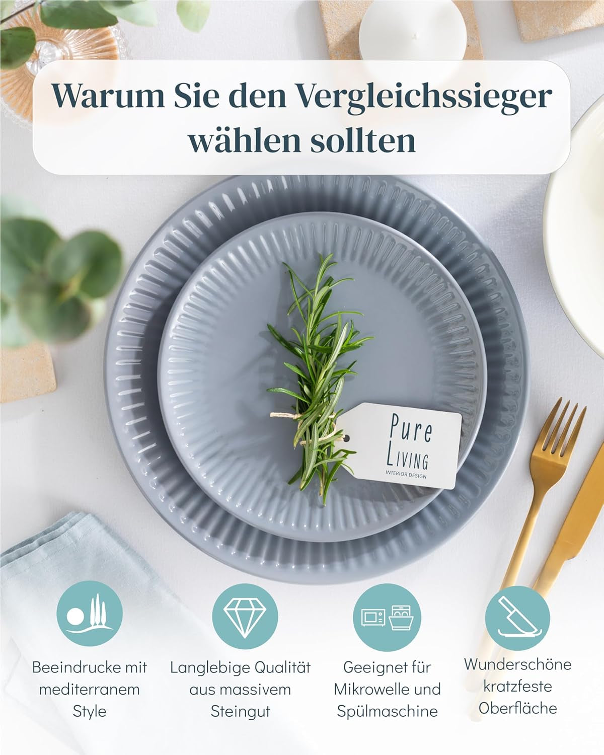 Sada keramického nádobí pro 6, Hygge, 24 kusů. VÍTĚZ TESTU Zasněná skandinávská kamenina Sada mís a talířů Večerní servis pro 6 sad nádobí Pure Living v šedomodré barvě