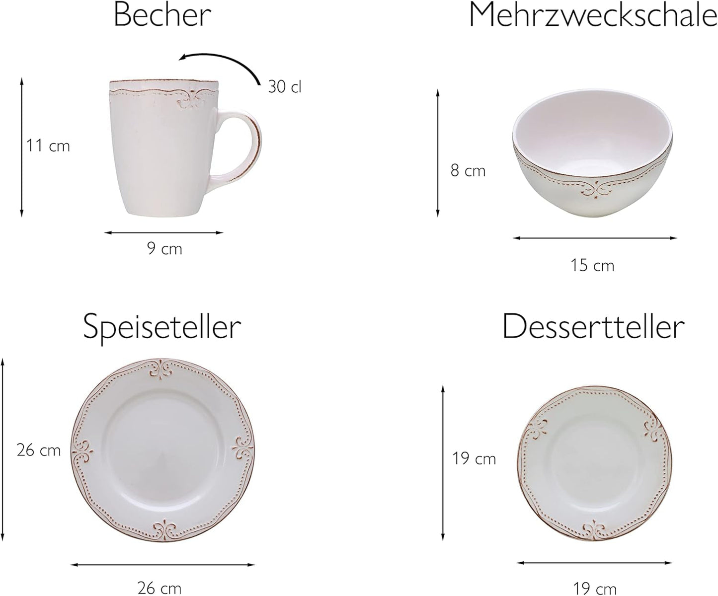 CreaTable, 23601, Romantic Vintage Series, 16dílná sada nádobí pro 4, Porcelánová kombinovaná služba, Vhodné do myčky a mikrovlnné trouby, Kvalitní výroba