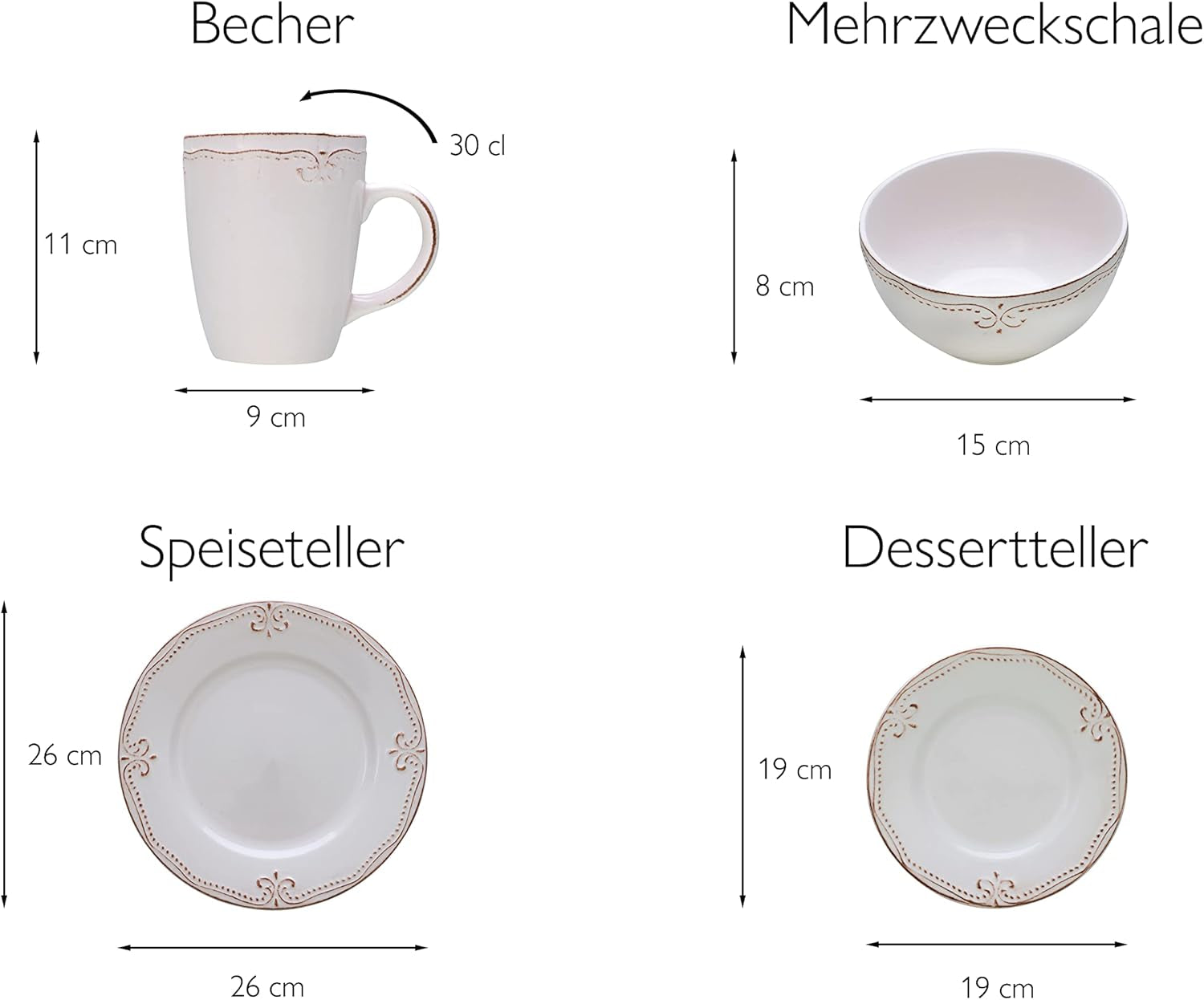CreaTable, 23601, Romantic Vintage Series, 16dílná sada nádobí pro 4, Porcelánová kombinovaná služba, Vhodné do myčky a mikrovlnné trouby, Kvalitní výroba