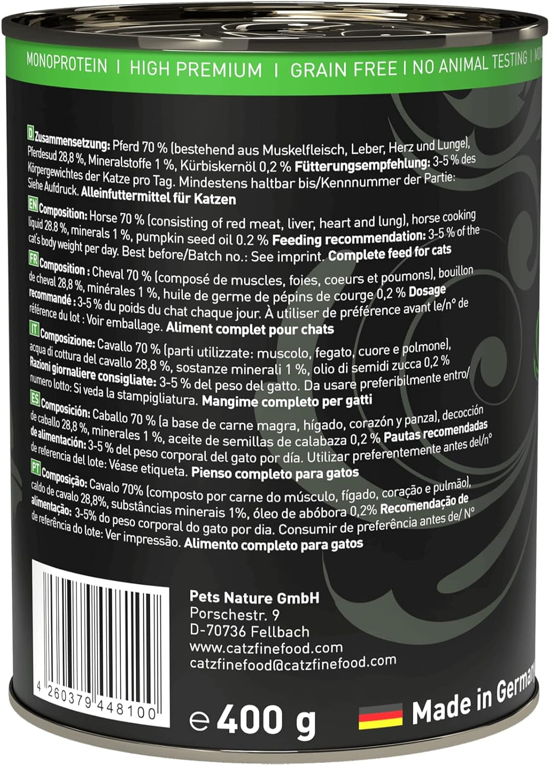 Mokré krmivo pro kočky Catz Finefood Purrrr Horse Monoprotein no. 123, pro kočky s citlivým zažíváním, 70% obsah masa, 6 krabic x 400 g