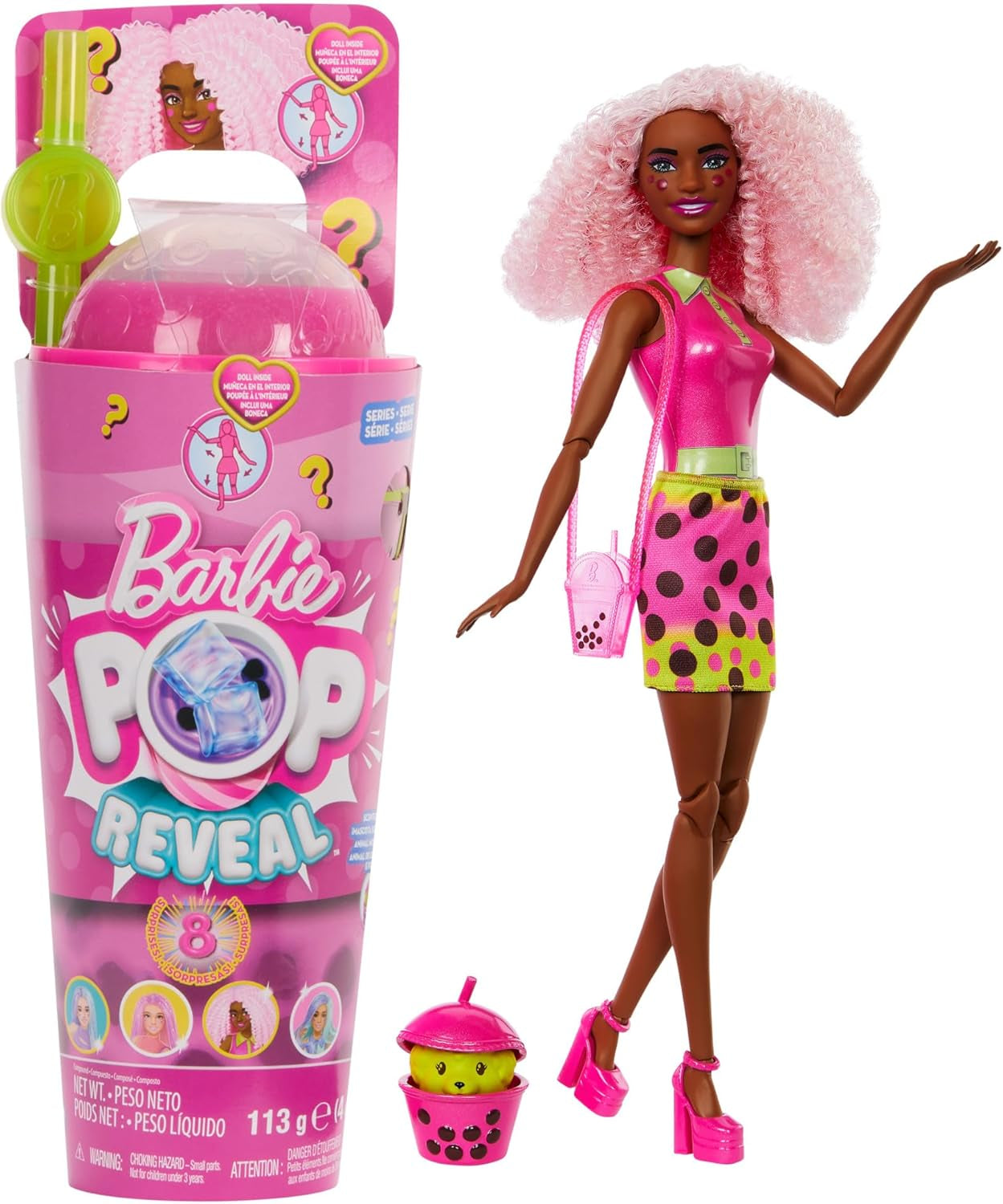 Panenka Barbie Pop Reveal Bubble Tea a příslušenství, módní panenka Scented Berry Bliss s mazlíčkem, 8 překvapení, obsahuje měnič barev, úložný kelímek, HTJ20