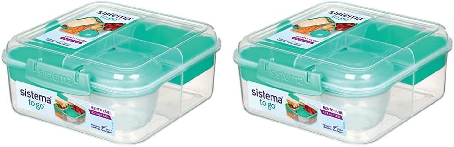 Systém obědových boxů Bento Box TO GO s přihrádkami | Box na oběd 1,25 l s nádobou na jogurt/ovoce | pro děti i dospělé l | Minty Teal bez BPA [21685-8T], mátově zelená Naty Shop boxy na skladování potravin Mátově zelená 1,25 litru (balení 2 ks)