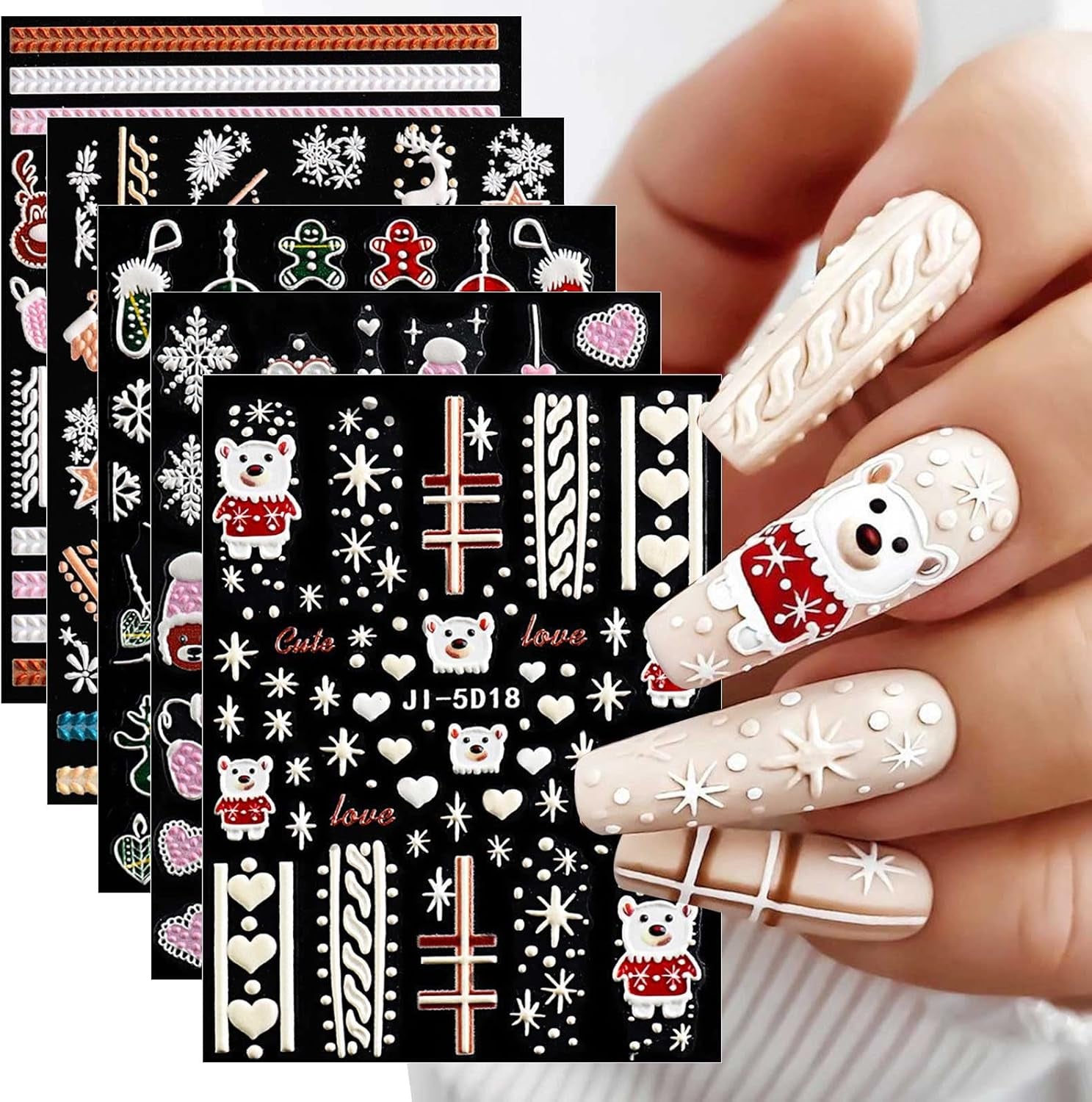 5 Blatt 3D Nálepka na nehty Weihnachten Nagelaufkleber 5D Stereoskopisch Selbstklebend Schneeflocke-Weihnachtswinterurlaub Nálepka na nehty Dekoration Nageldesign Zubehör