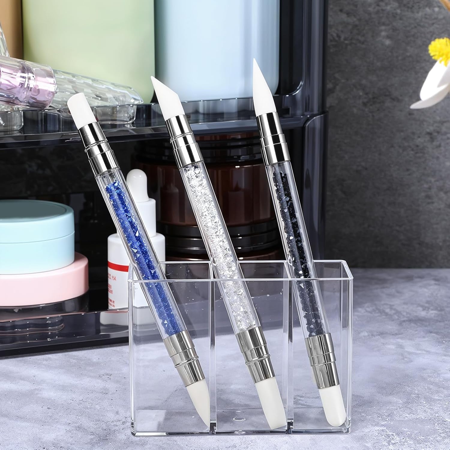 3 Stück Nagel Pinsel Silikon, Nagelkunst Skulptur Stift, Doppel Köpfe DIY Maniküre Werkzeug, Strassstein Picker, Gel Schnitzen Pinsel Für Design, Tvarování Kresba Carving Nagelfolie