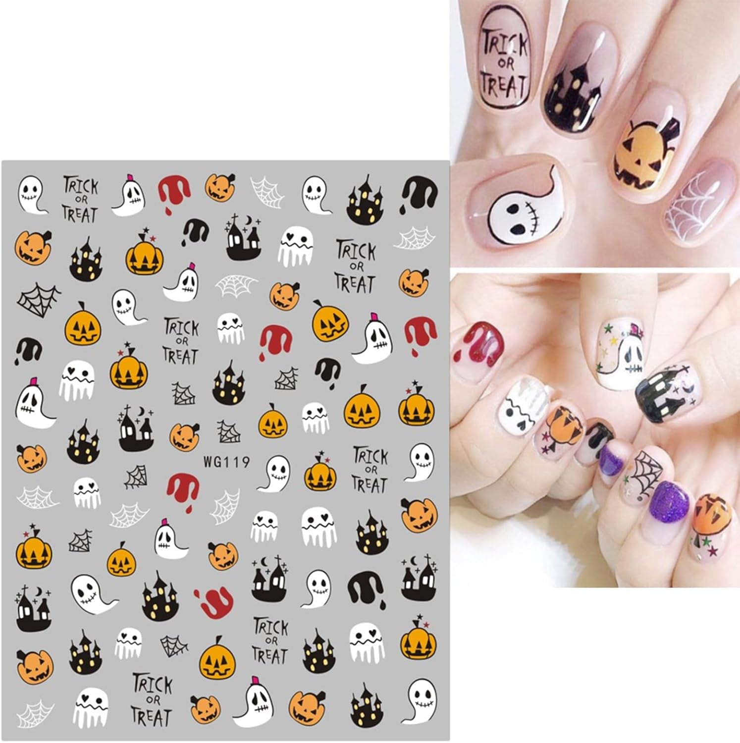 JMEOWIO Nálepka na nehty Halloween 8 Blatt Nálepka na nehty Selbstklebend Nagelaufkleber Totenkopf Horror Geist Hexe Spinnennetz Fledermaus Kürbis Spukdekoration Nageldesign Zubehör