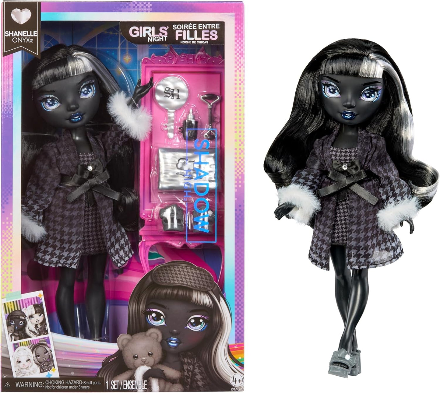 Rainbow High Shadow High Girl's Night - Shanelle Onyx - 28cm módní panenka v odstínech šedé, černé vlasy a obleček s doplňky a hřebenem - Pro sběratele a děti od 6 let