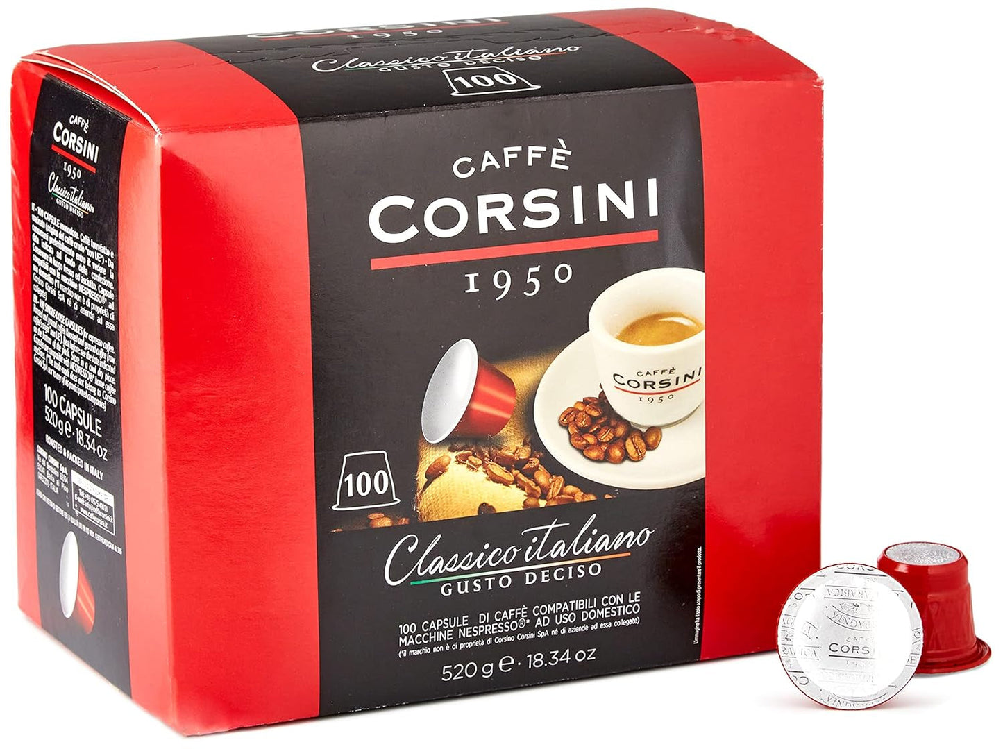 Caffè Corsini - Classico Italiano, Miscela Di Caffè In Nespresso kompatibilní kapsle, Gusto Forte E Deciso - Confezione Da 100 kapslí
