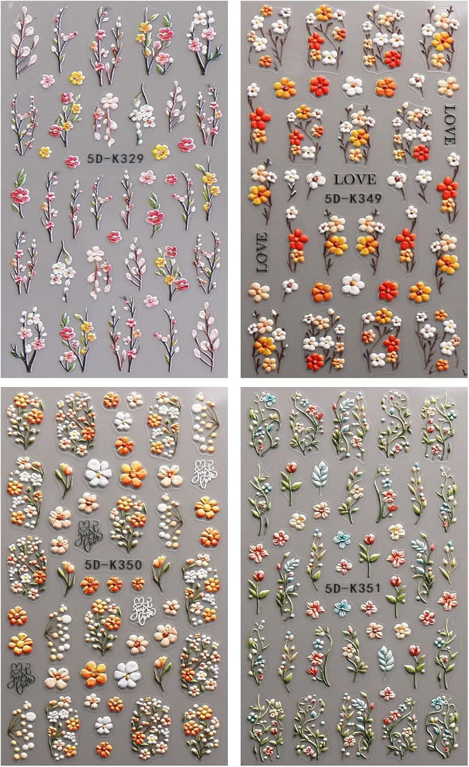 JMEOWIO 3D Nálepka na nehty Blumen Nálepka na nehty Selbstklebend Nagelaufkleber 5D Stereoskopický Herbst Blumen Dekoration Nageldesign Zubehör 4 Blatt
