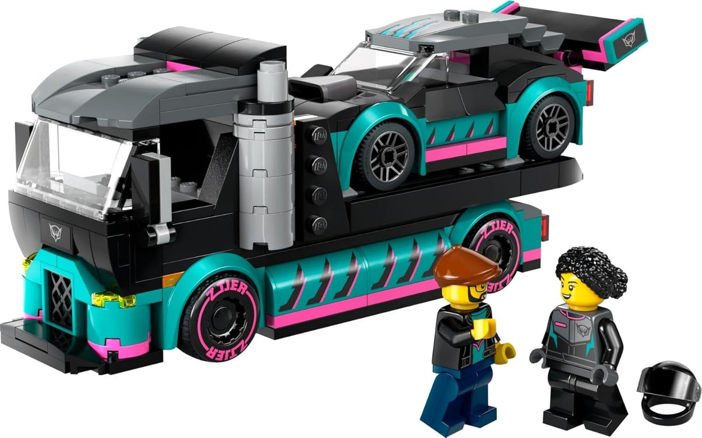 LEGO City Car Transporter se závodním autem, náklaďákem s nastavitelnou nakládací rampou a závodním autem, stavebnice se 2 minifigurkami, závodním jezdcem a řidičem kamionu, pro děti od 6 let 60406 Stavebnice Besuche den LEGO-Store