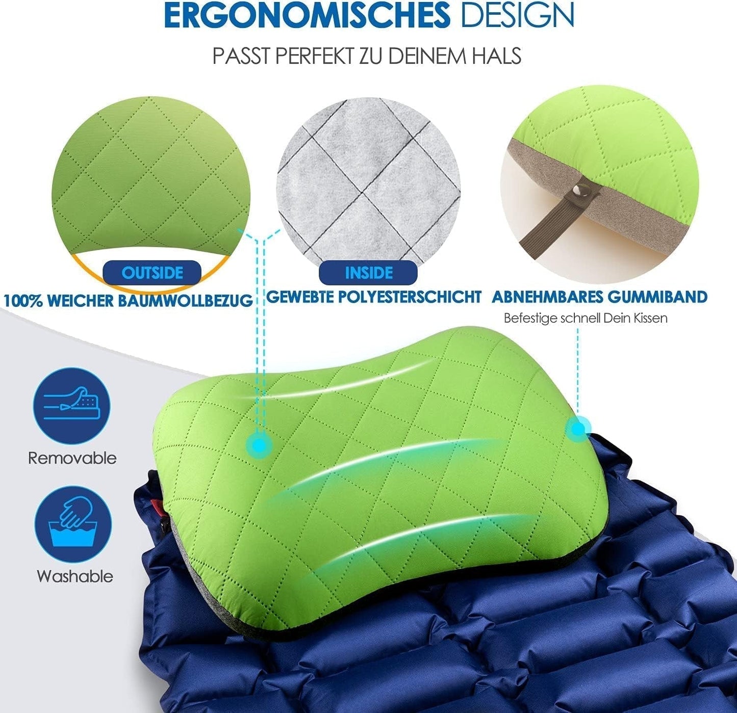 HIKENTURE nafukovací kempingový / cestovní polštář s odnímatelným potahem polštáře, ergonomický polštář, pohodlný polštář na krk pro cestování / outdoor, nafukovací cestovní polštář na krk (zelený) ... Krční ortopedické polštáře Naty Shop