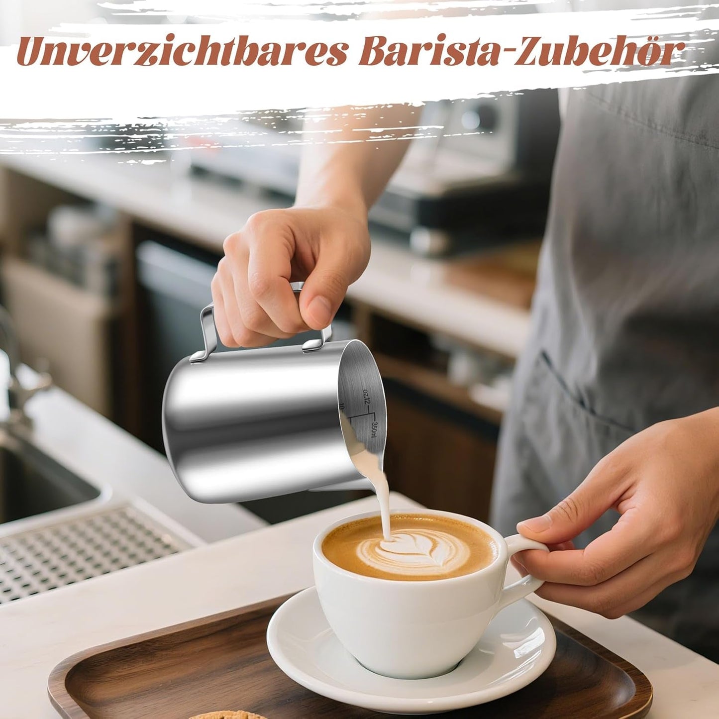 Hrnek na mléko, 350 ml Hrnek na mléko z nerezové oceli s odměrkou, příslušenství pro baristy, Hrnek na mléko na Cappuccino, Espresso, Latte Art, Milovníci kávy, Stříbro, 355 ml