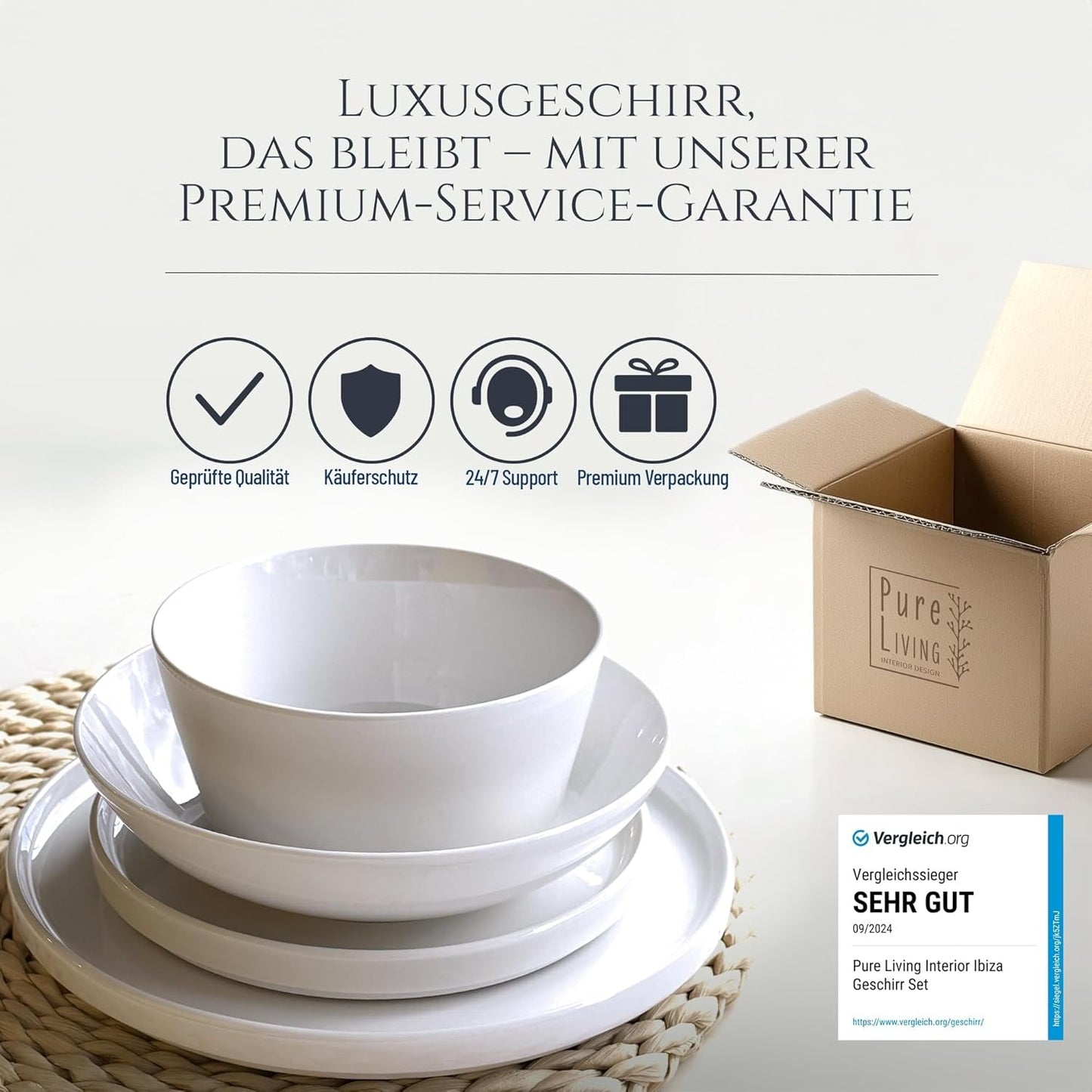 Křišťálová 48dílná porcelánová sada nádobí VÍTĚZ TESTU Čirá sada porcelánového nádobí Mísy a talíře Večerní servis pro 12 sad nádobí Pure Living v bílé barvě