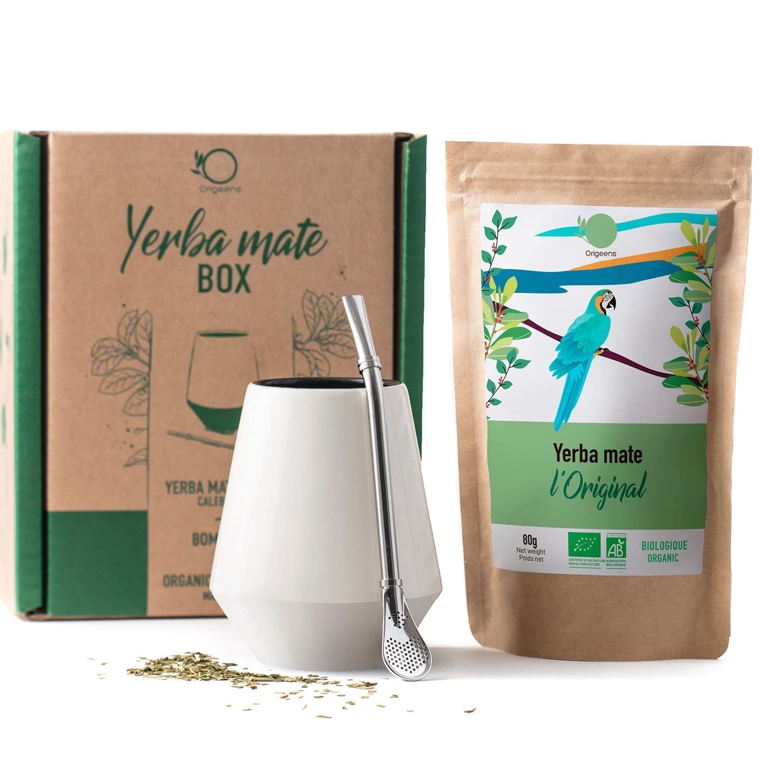 ČAJOVÁ SADA ORIGEENS MATE S portugalským šálkem maté, bombillou a BIO čajem Yerba Mate - Originální dárková sada