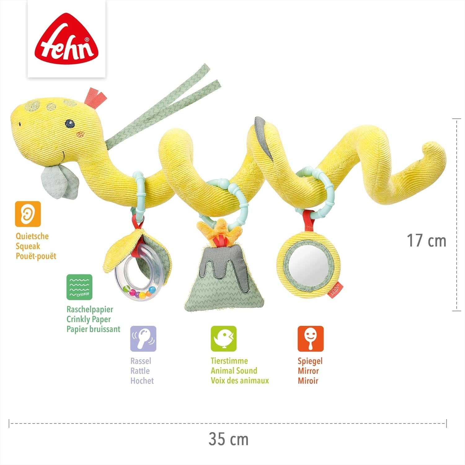 Fehn Activity Spiral Dino - tahací a tlačený kočárek - dinosauří hračka do postele, hřiště, kočárku a autosedačky - motorická hračka pro miminka a batolata od 0+ měsíců Baby Toys Naty Shop