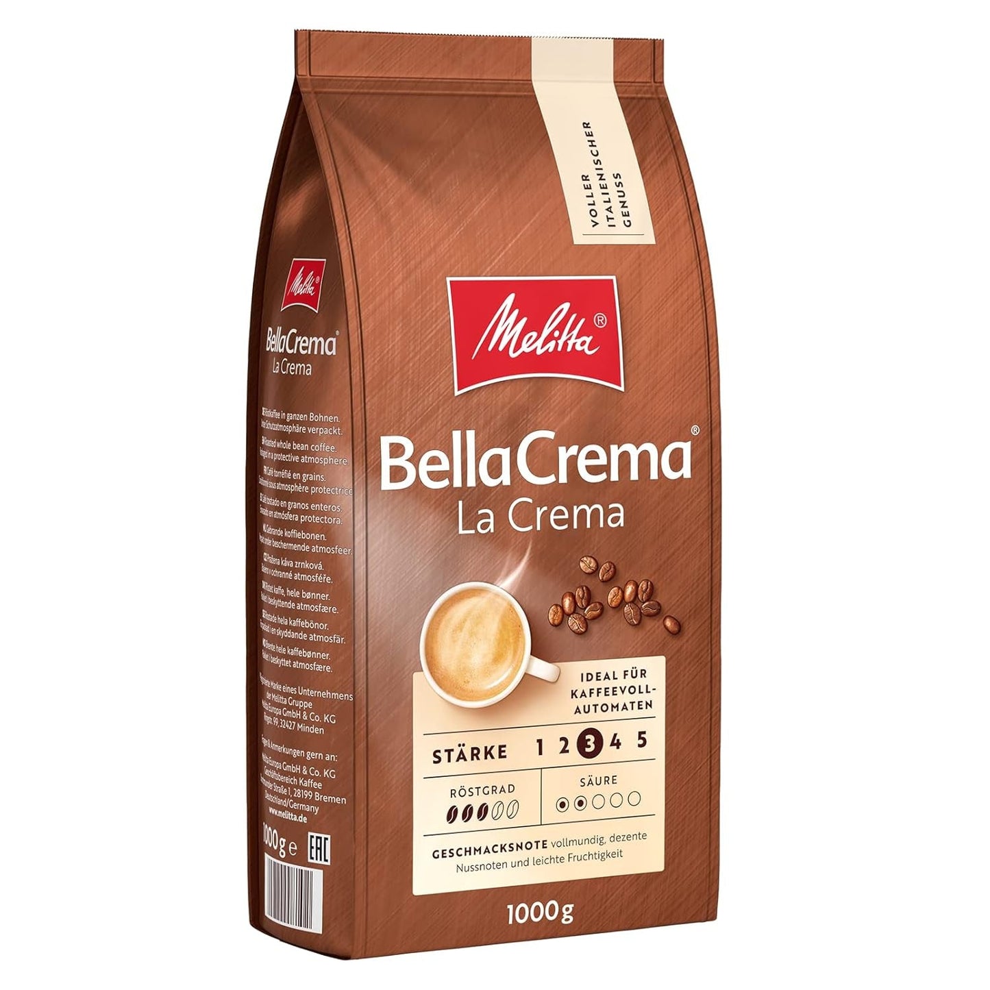 Melitta BellaCrema La Crema zrnková káva 1 kg a BellaCrema Decaffeinato zrnková káva bez kofeinu 1 kg