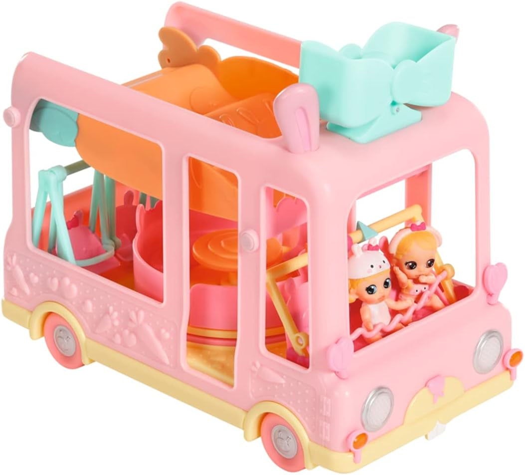 BABY born 904763 Baby Surprise Bus - růžový miniautobus pro panenky se 2 exkluzivními panenkami, trojitým kočárkem, houpačkou, kolotočem, skluzavkou a trojhoupačkou.