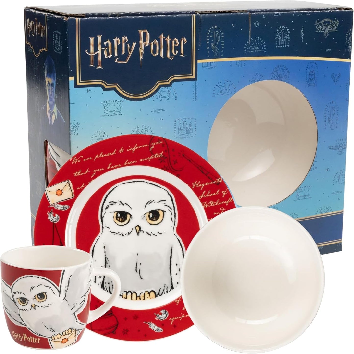 Harry Potter 3dílná sada nádobí, červená, porcelánová snídaňová sada s talířem Ø 19 cm, hrnkem 220 ml a miskou 330 ml, sada nádobí