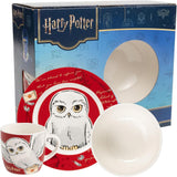 Harry Potter 3dílná sada nádobí, červená, porcelánová snídaňová sada s talířem Ø 19 cm, hrnkem 220 ml a miskou 330 ml, sada nádobí