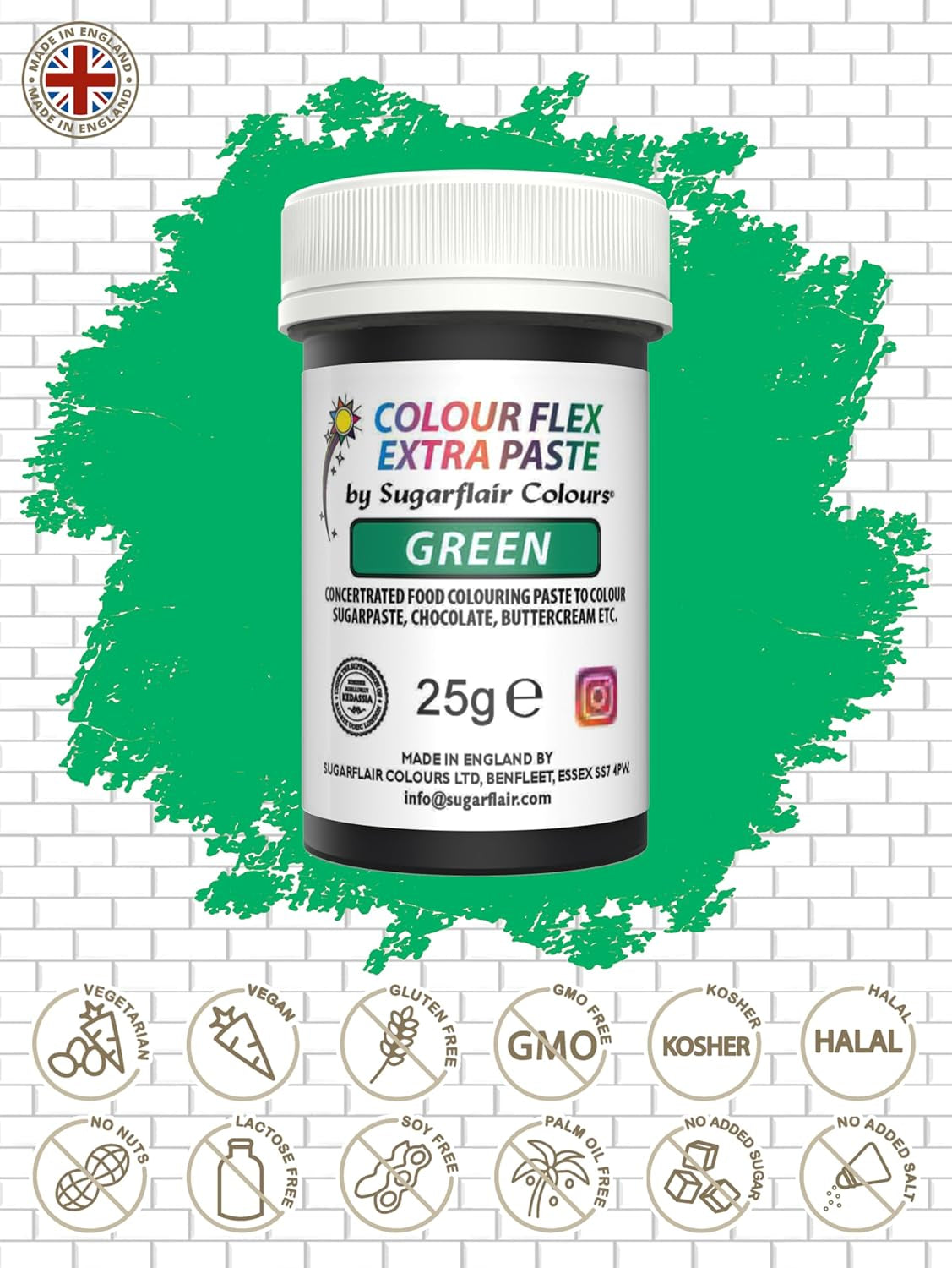 Sugarflair Colourflex Extra Paste Verde potravinářské barvivo - Jedlé potravinářské barvivo na máslový krém, čokoládu, cukrovou pastu, polevu, fondán, dortové směsi, těsto a další - 25 g
