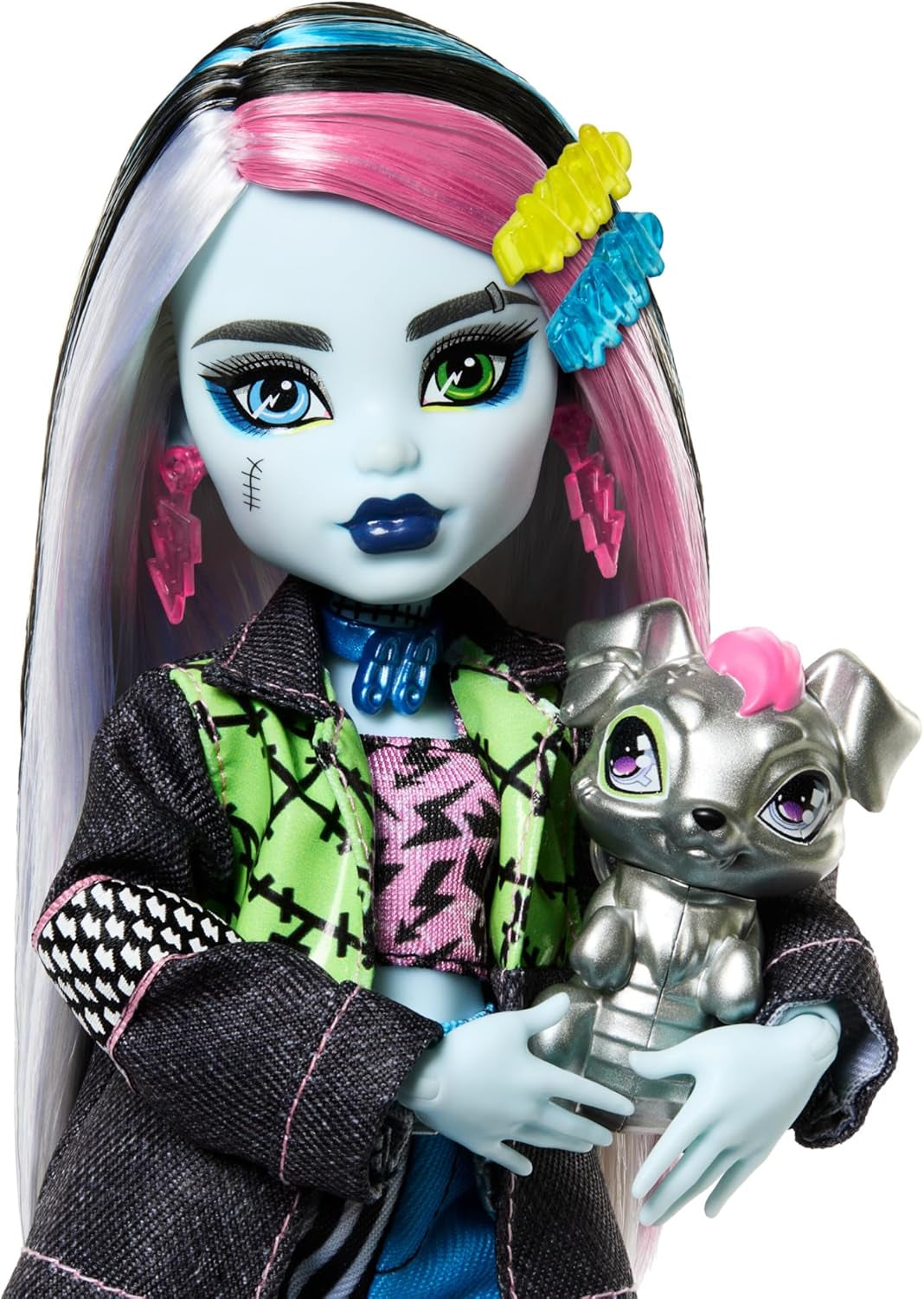 Kamenná panenka Monster High Frankie v džínové bundě a šortkách, obsahuje psa Watzie a příslušenství, jako je batoh, svačina a notebook, panenky HXH73 Naty Shop