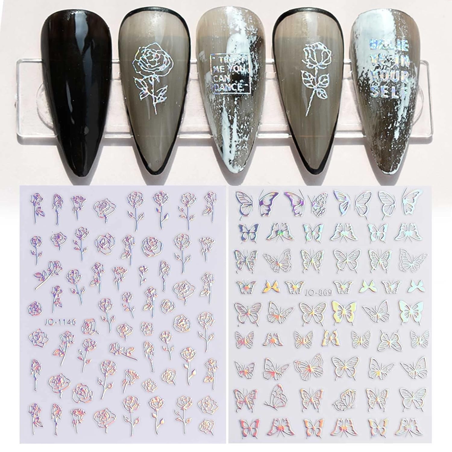 JMEOWIO Nálepka na nehty Aurora Holografisch 9 Blatt Nagelaufkleber Selbstklebend Herz-Flamme Spielt Schmetterlings-Mond Die Hauptrolle Nálepka na nehty Dekoration Nageldesign Zubehör