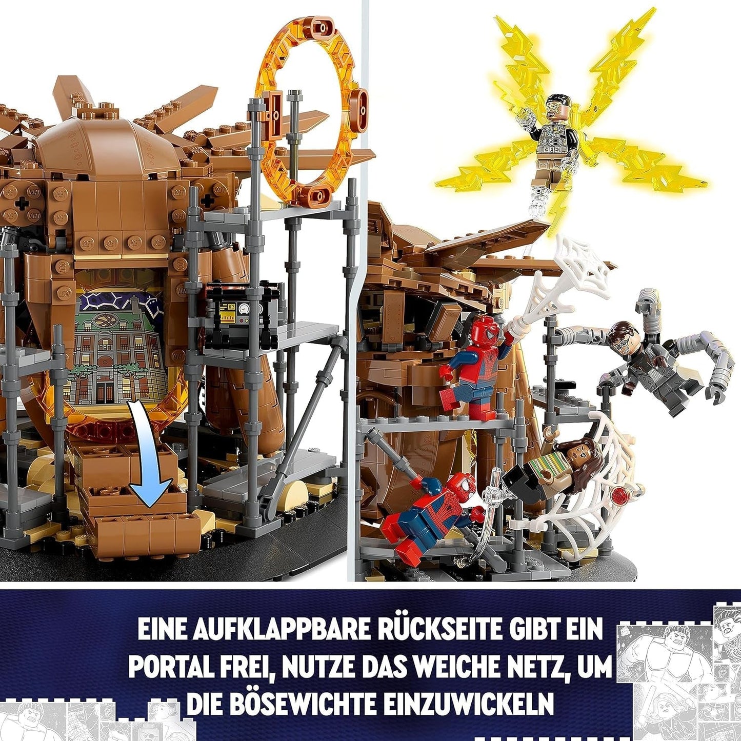 Sada LEGO 76261 Marvel Spider-Man's Big Showdown, Spider-Man: No Way Home se 3 minifigurkami Peterem Parkerem a zeleným skřítkem, Electro, Sandman, Ned, Doctor Strange a MJ, sběratelský model Stavebnice Besuche den LEGO-Store