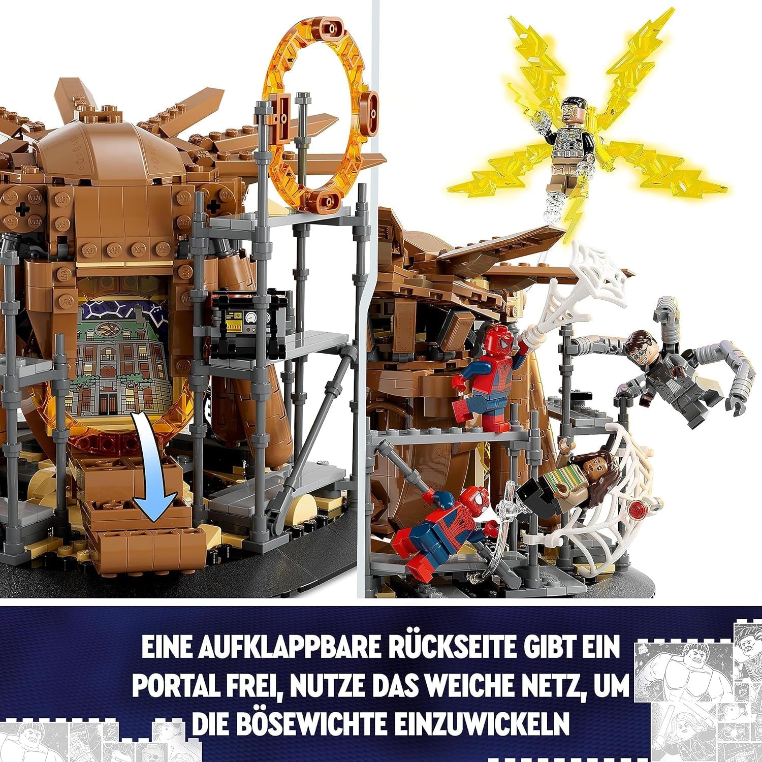 Sada LEGO 76261 Marvel Spider-Man's Big Showdown, Spider-Man: No Way Home se 3 minifigurkami Peterem Parkerem a zeleným skřítkem, Electro, Sandman, Ned, Doctor Strange a MJ, sběratelský model Stavebnice Besuche den LEGO-Store