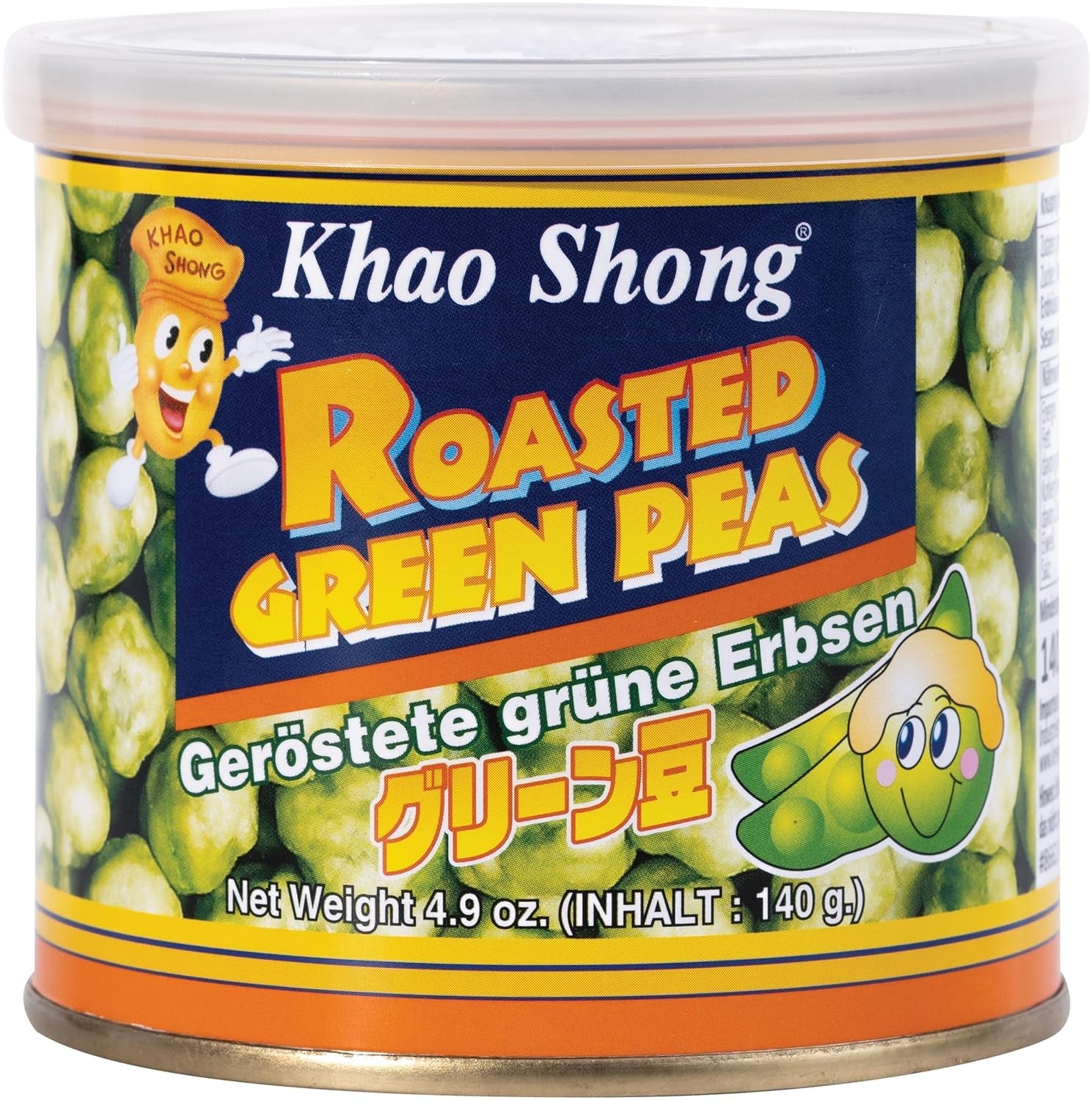 Khao Shong smažený zelený hrášek s wasabi, křupavý hrášek v pikantním těstíčku, nízkotučná alternativa k ořechům, středně pikantní, 1 plechovka 140 g | 140 g (1 balení)