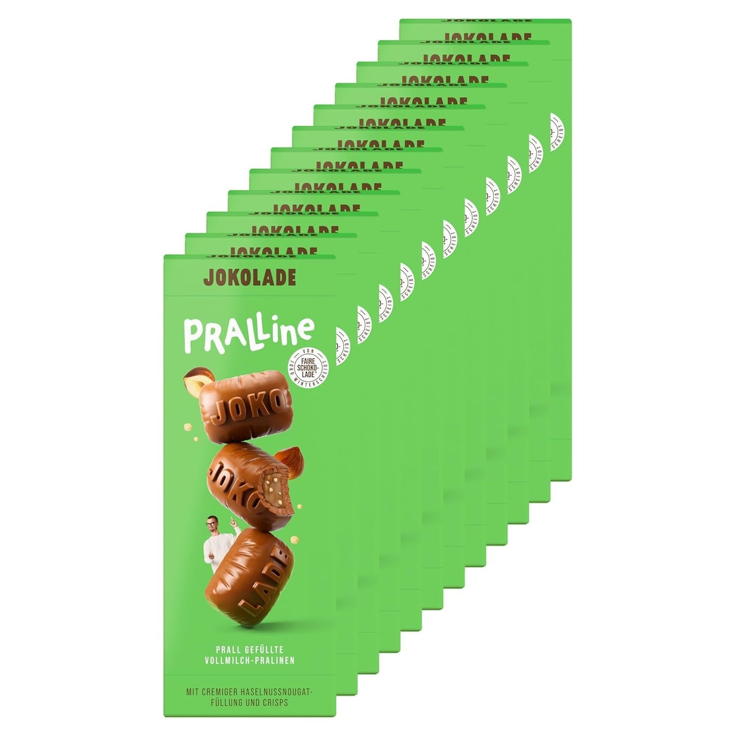 JOKOLADE PRALLINE Value Pack 12 x 80g | Bohatá náplň s lískooříškovým nugátovým krémem a hranolky | Poctivá čokoláda od Joko Winterscheidt