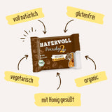 Hafervoll Porridge2go Arašídové máslo a ořechy, 13 tyčinek x 55 g – veganské, organické, bezlepkové, bez přidaného cukru přesnídávka, s ovesem, datlemi a quinoa cukrovinkami