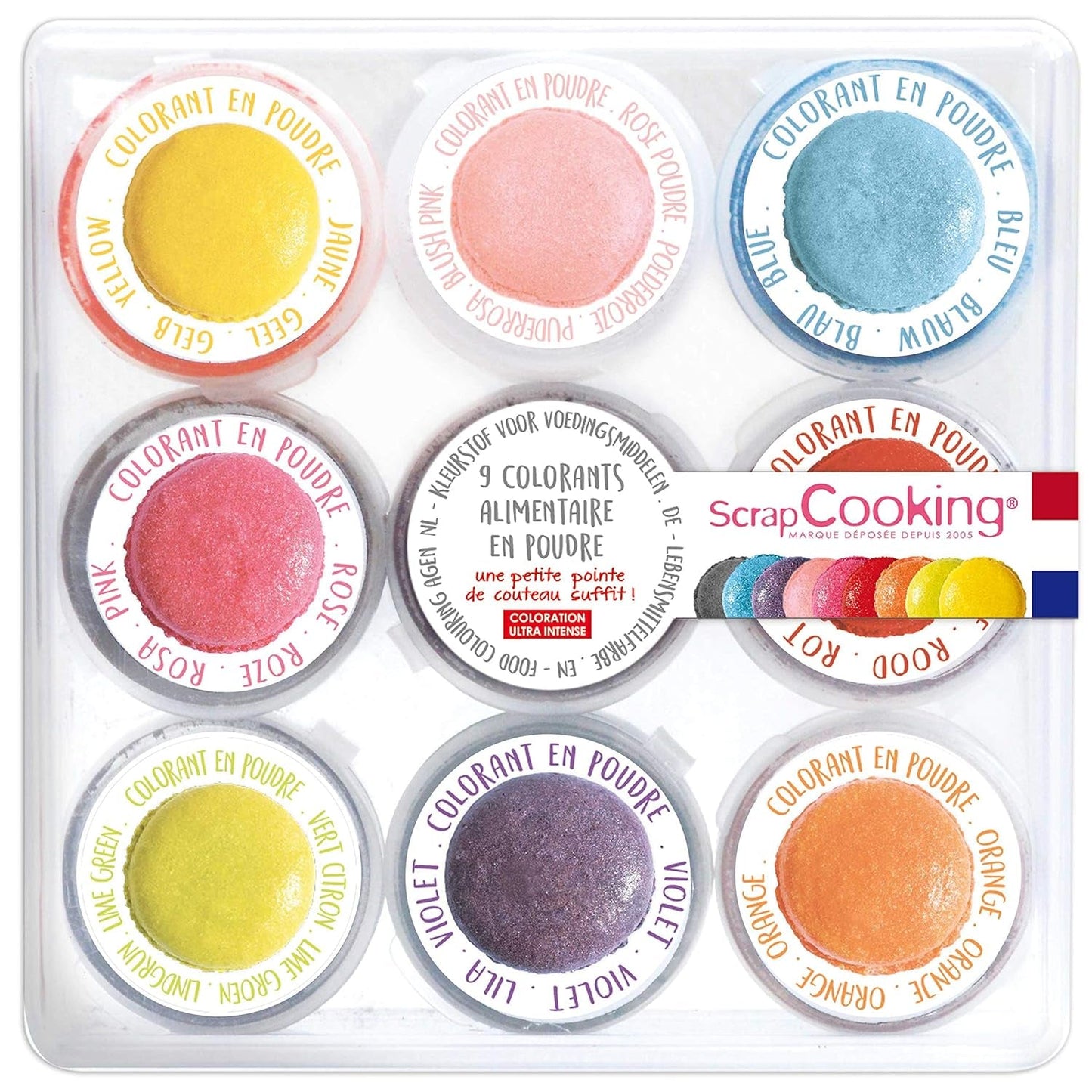 Scrapcooking - Sada 9 práškových potravinářských barviv - Modrá, Žlutá, Růžová, Fialová, Oranžová, Limetkově zelená, Červená, Pudrově růžová, Černá - Jedlé barvivo v prášku na dorty, muffiny, macarony - 4270