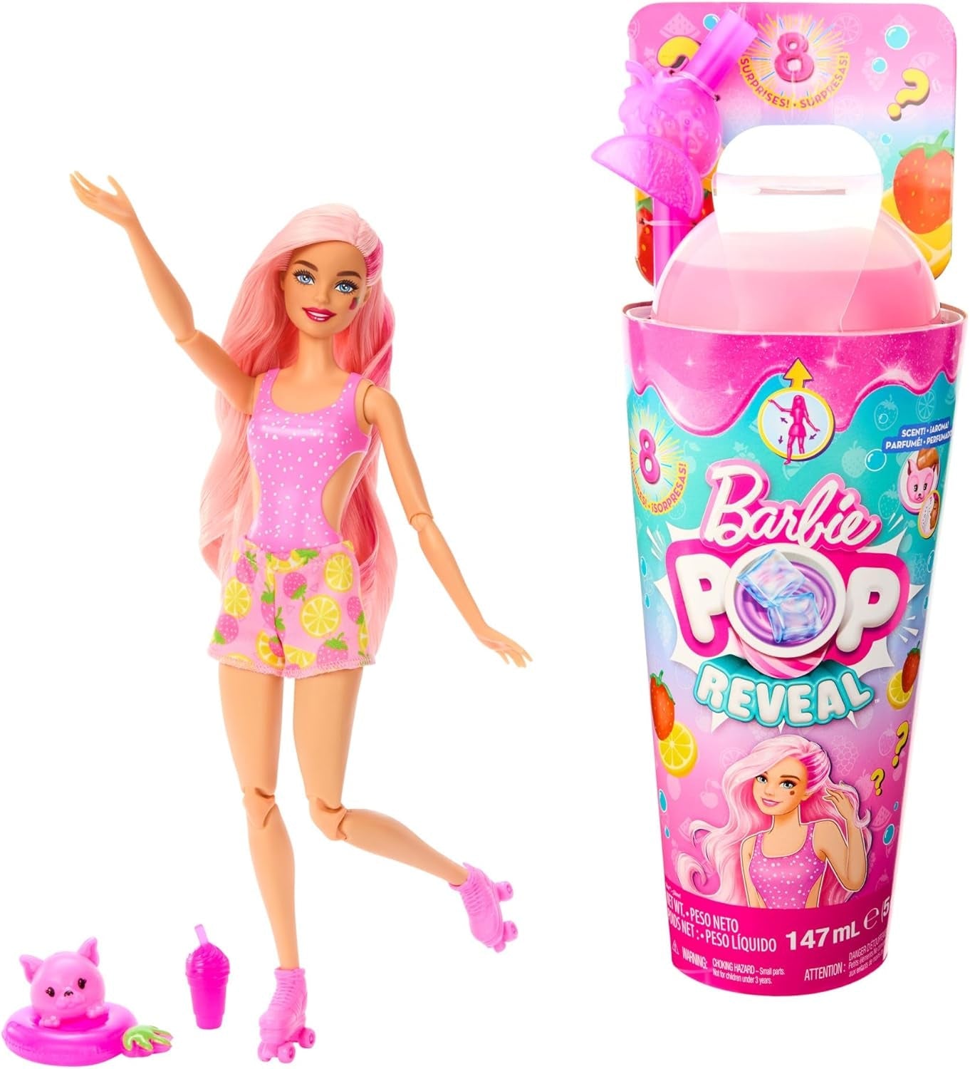 Barbie Pop Reveal Fruit - Panenky s překvapením s 8 ovocnými překvapeními, včetně polohovatelné panenky s vůní jahodové limonády a nadýchaného štěněte, věk 3+, HNW41