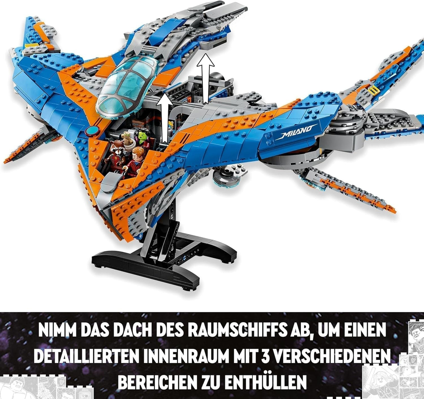 LEGO Marvel Guardians of the Galaxy: Model stavby vesmírné lodi Milano se 4 minifigurkami superhrdinů Avengers Leták pro vesmírná dobrodružství Dárek pro chlapce a dívky 76286 Stavebnice Beuche den LEGO-Store