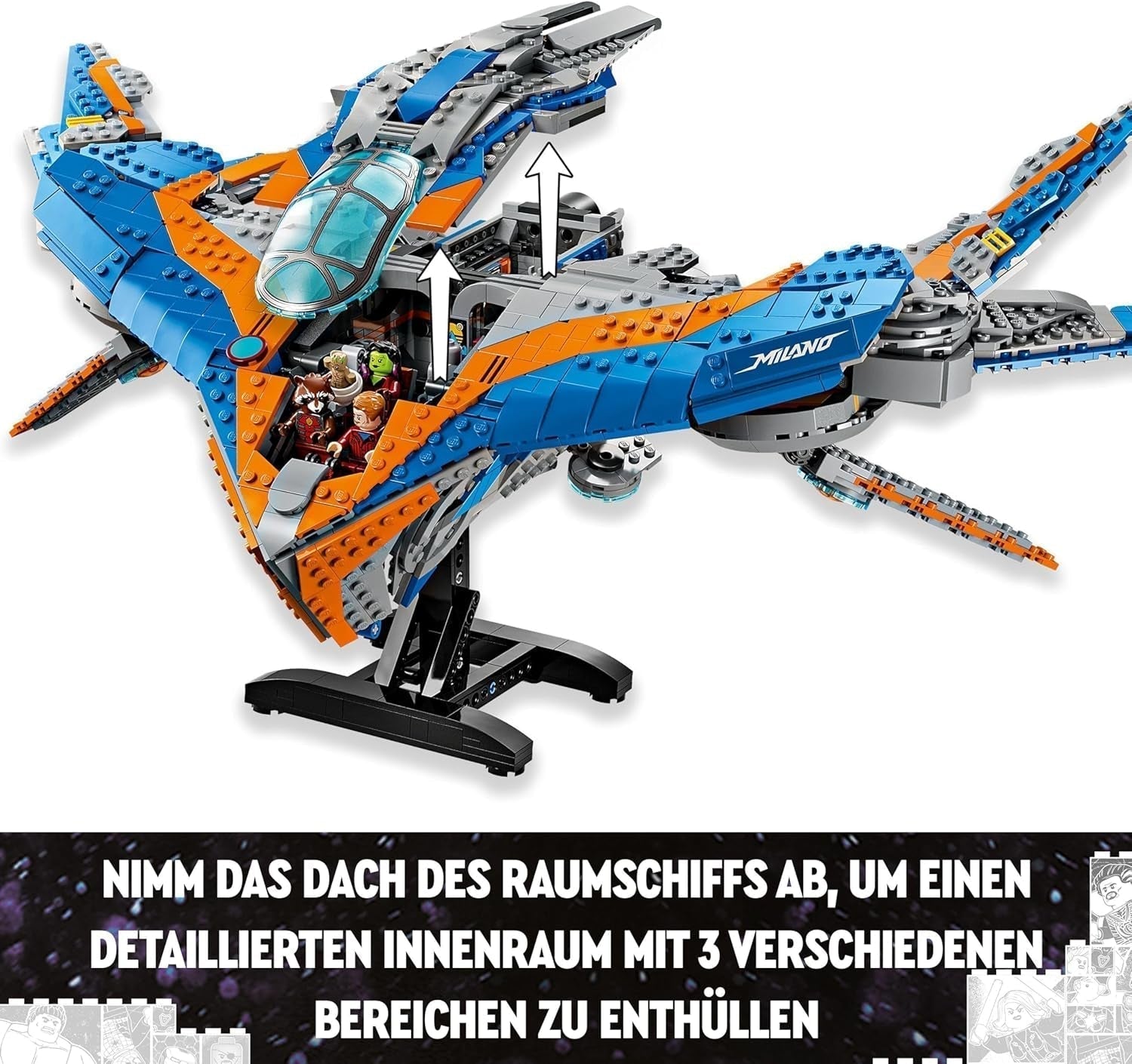 LEGO Marvel Guardians of the Galaxy: Model stavby vesmírné lodi Milano se 4 minifigurkami superhrdinů Avengers Leták pro vesmírná dobrodružství Dárek pro chlapce a dívky 76286 Stavebnice Beuche den LEGO-Store