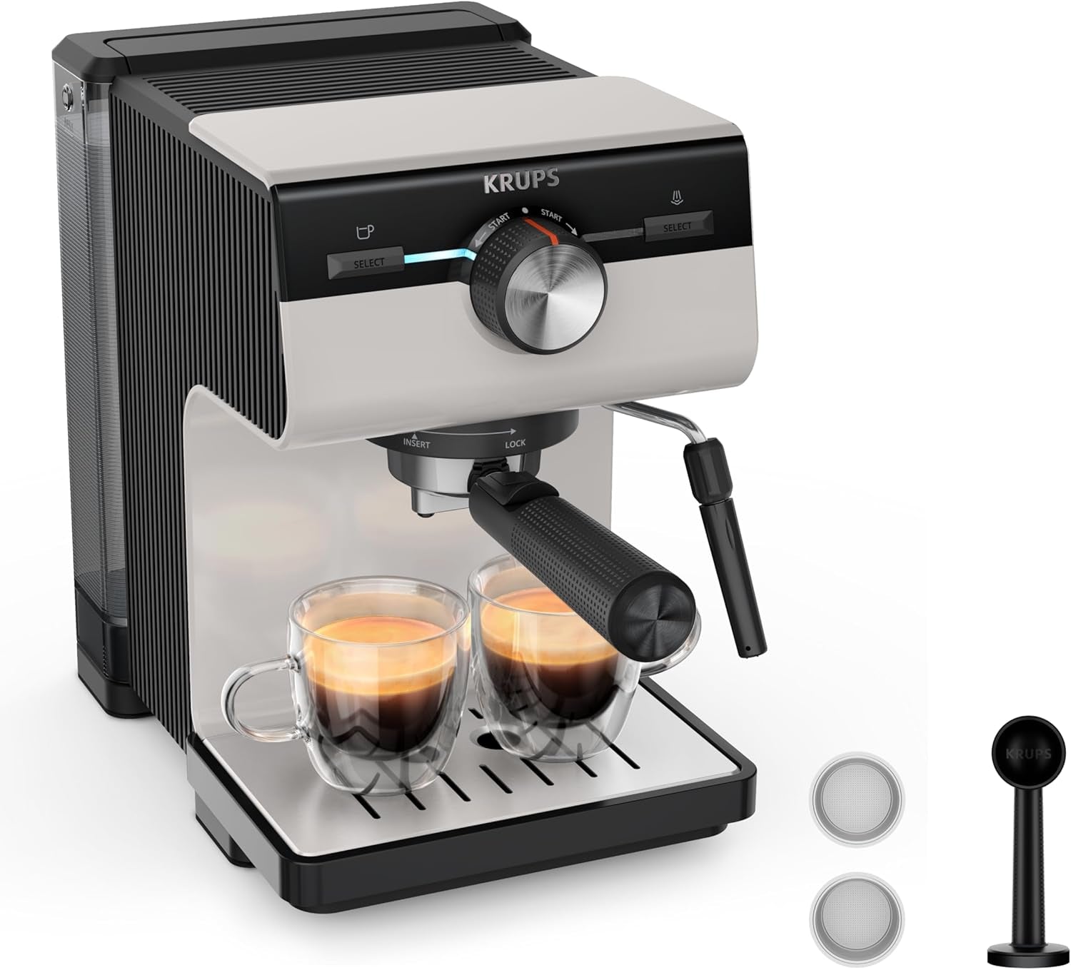 Espresso KRUPS Authentic+, 15 bar, intuitivní ovládání, propracovaný design, parní tryska, včetně rozšířeného příslušenství, Bullet Dark silver/Stainless steel, XP384G10