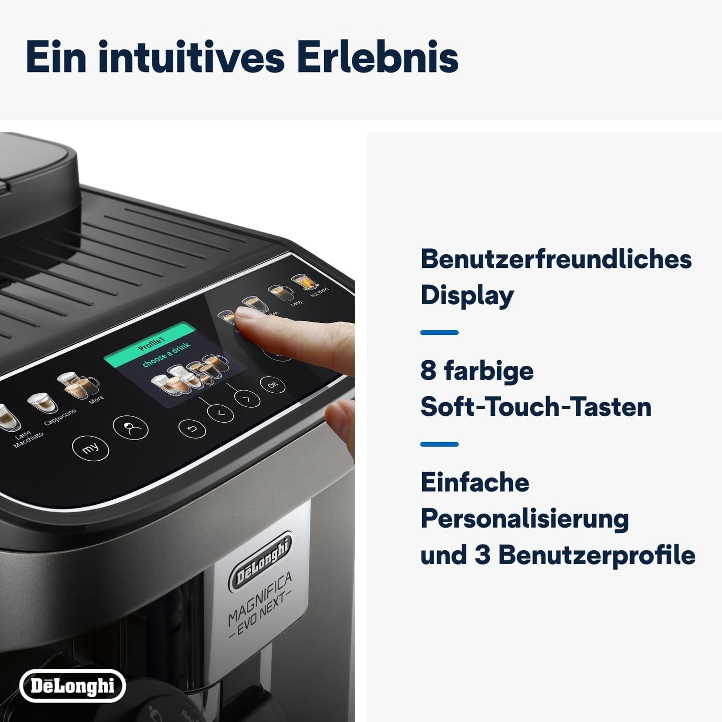 De'Longhi Magnifica Evo Next – plně automatický espressor Perfetto s napěňovačem mléka LatteCrema, 13 nápojů jedním dotykem, kávovar a cappuccino, barevný dotykový displej, titan (ECAM312.80.TB)