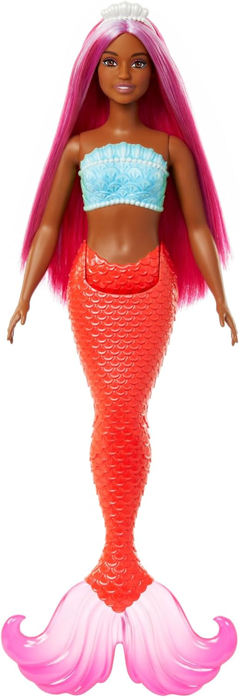 Panenka Barbie Mořská víla s růžovými a fialovými efektními vlasy a čelenkou, mušlí a levandulová panenka s modrým ocasem, HRR06 Naty Shop Dolls Mořský ocas v tropické červené