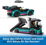 LEGO City Car Transporter se závodním autem, náklaďákem s nastavitelnou nakládací rampou a závodním autem, stavebnice se 2 minifigurkami, závodním jezdcem a řidičem kamionu, pro děti od 6 let 60406 Stavebnice Besuche den LEGO-Store