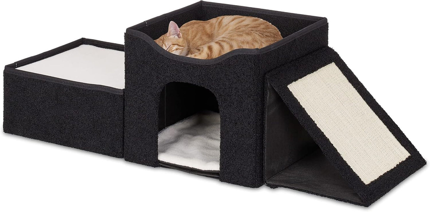Relaxdays Katzenhöhle, skládací, 3 Liegeplätze, Katzenhaus mit Kratzfläche, HBT: 36,5x112x41 cm, Katzenversteck, schwarz