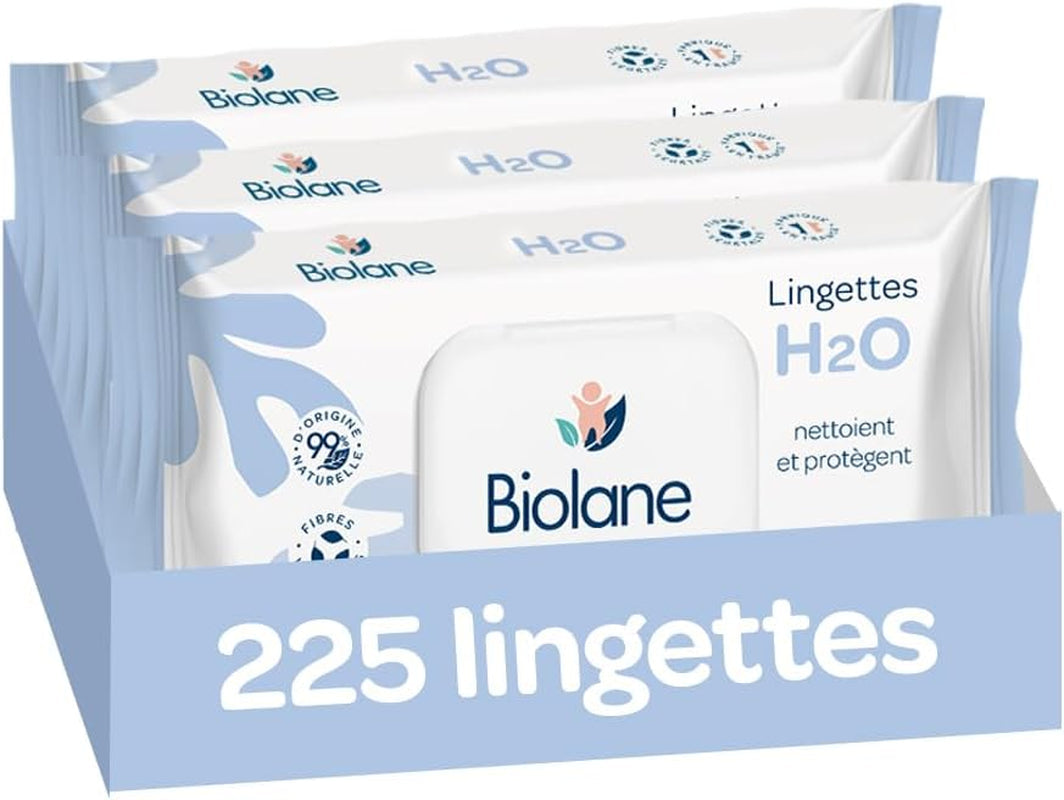 BIOLANE - Dětské vlhčené ubrousky s vodou - 225 ubrousků - 3 x 75 kusů - Jemné a účinné čištění - Od narození - Francouzská kvalita