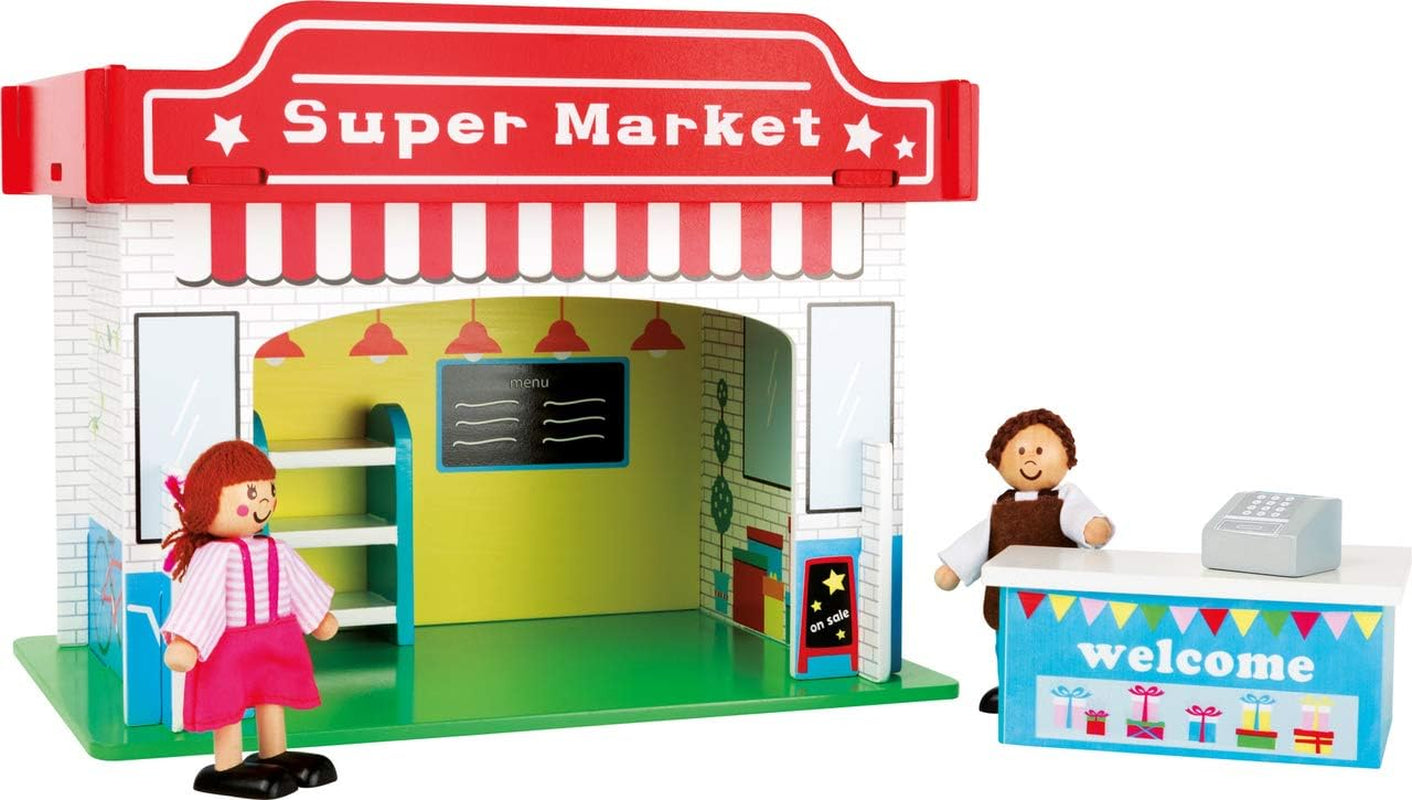 Small Foot 10852 Playhouse Restaurant Vyrobeno ze dřeva, Se 2 figurkami panenek, doplňky a odnímatelnou střechou, Od 3 let Domky pro panenky Naty Shop Supermarket