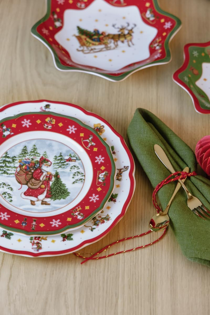 Hutschenreuther Happy Wintertime Red Vánoční sada nádobí pro 6, porcelán, vícebarevné, 6 snídaňových talířů, 6 jídelních talířů a 6 jídelních talířů, vhodné do myčky a mikrovlnné trouby