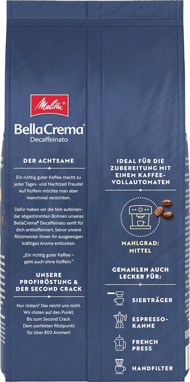 Melitta BellaCrema La Crema zrnková káva 1 kg a BellaCrema Decaffeinato zrnková káva bez kofeinu 1 kg