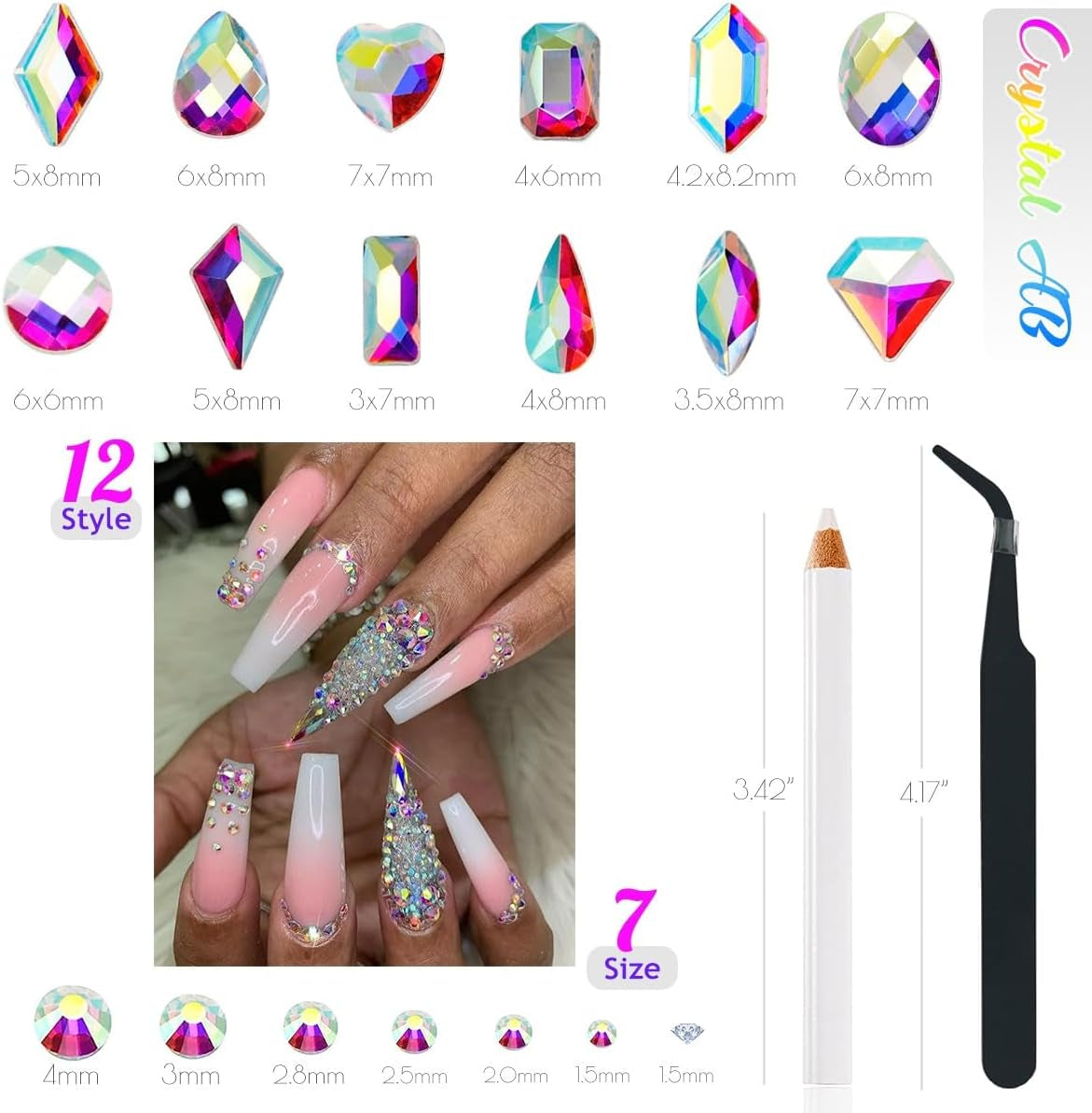 2630ks AB Crystal šumivé kameny na nehty, 120 12 typů Velké šumivé kameny + 2510 6 velikostí Kulaté skleněné kamínky K9 na nehty, kamínky, vzory na nehty, kouzla na nehty pro Face Art