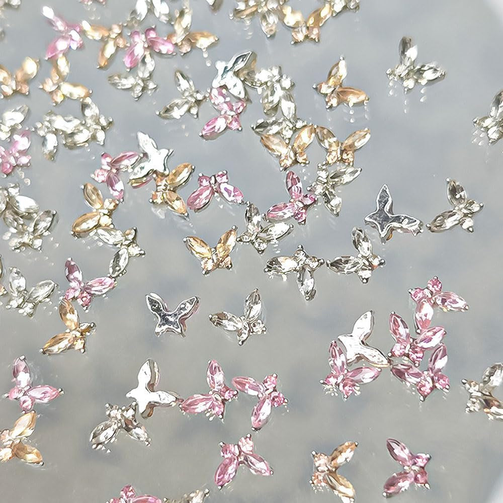 Mini Butterfly Zirkonové řetízky na klíče na nehty Y2K Bílá šampaňská Růžová drahokamu Crystal Butterfly Key Chains Nehty 3D Butterfly Design nehtů Klíčenky Butterfly Nails Dekorace Nail Art Klíčenky Nehtové doplňky