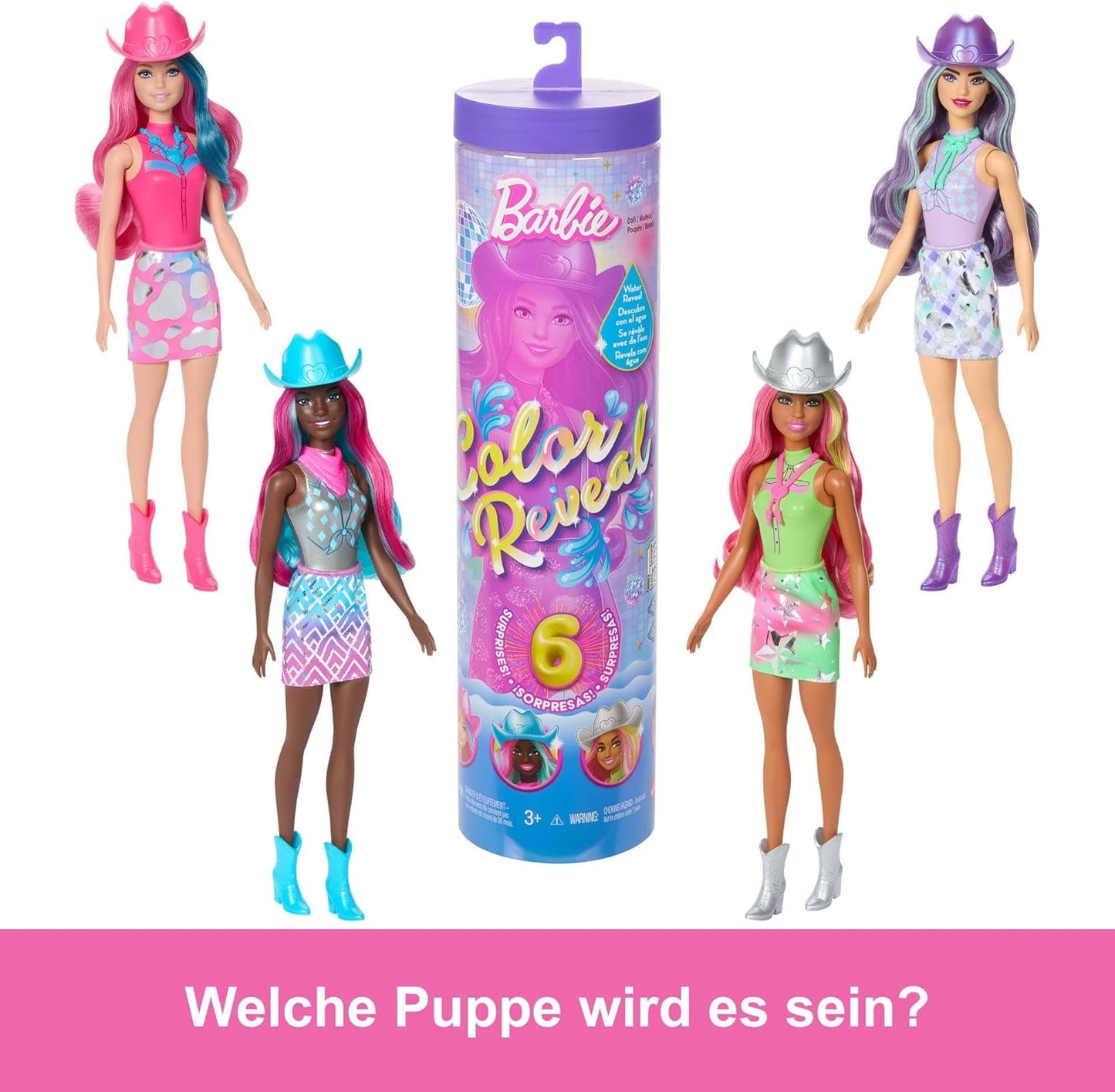 Panenka Barbie Color Reveal a doplňky se 6 překvapeními, řada Disco Star s kovovými třpytkami a topem měnícím barvu (styly se mohou lišit), JCP01, 32 cm