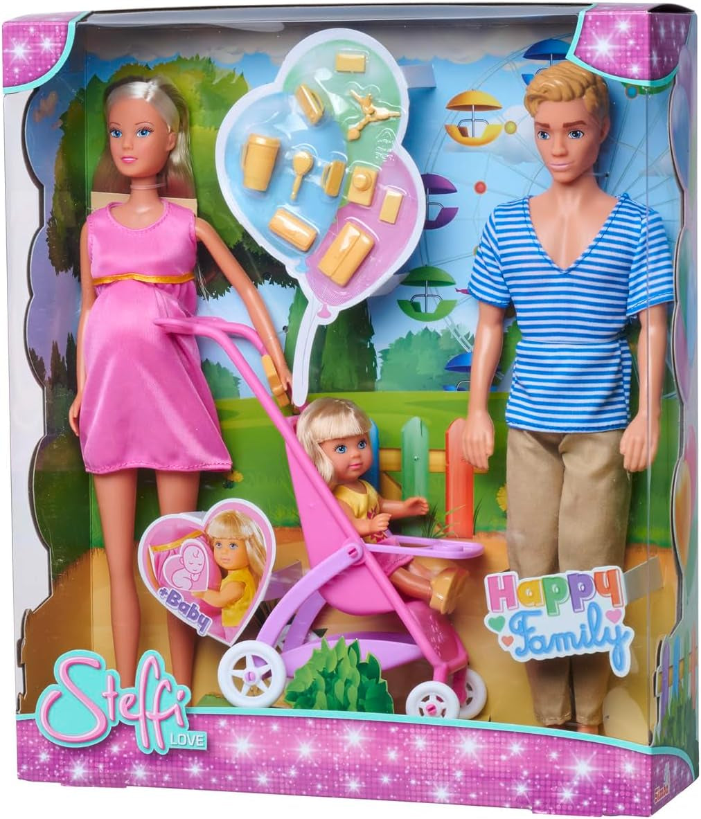 Simba 105733673 - Steffi Love Šťastná rodina, těhotná panenka, Kevin, Evi a miminko s kočárkem, 11 kusů, doplňky, 30 cm, věk 3+