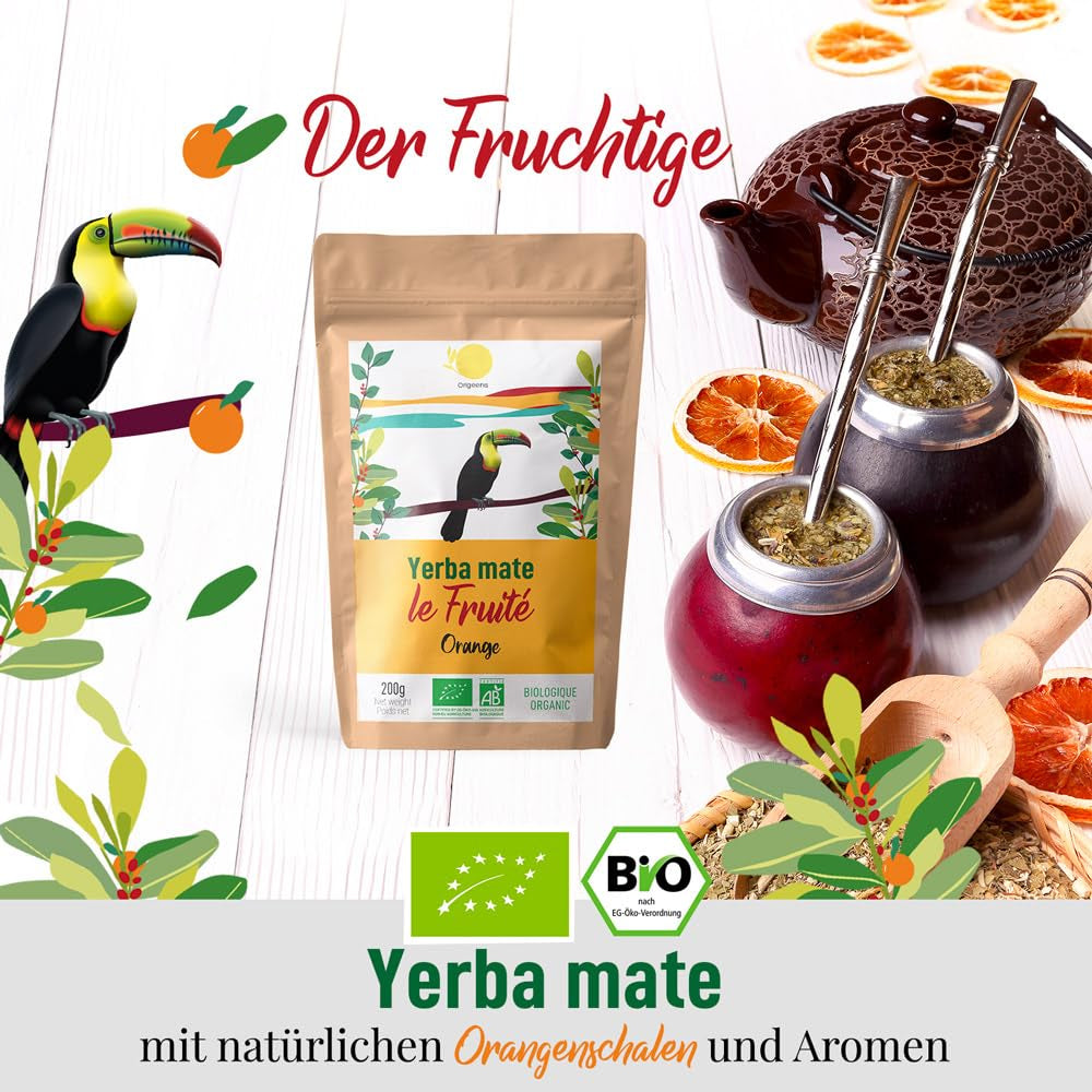 ORIGEENS BIO YERBA MATE s pomeranči 200 G - Ovocný čaj I Bio čaj Yerba Maté nepražený, bez stonků a prachu I Energizující a detoxikační nápoj